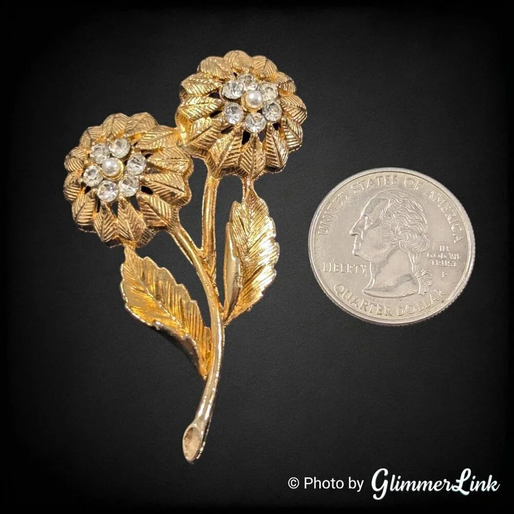 Vintage Gold Tone Double Flower Brooch with Rhinestones and Faux Pearls